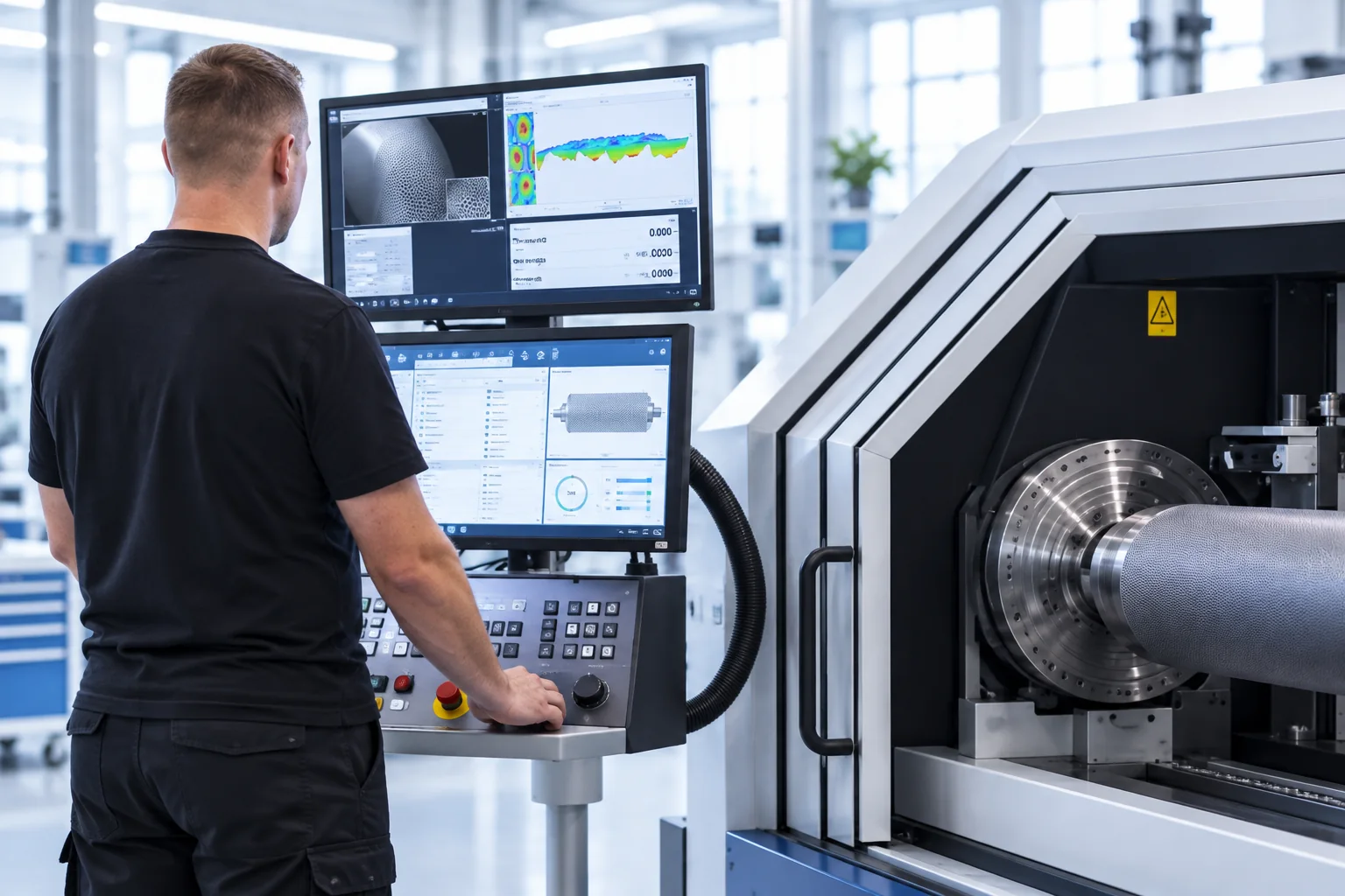 Operator przy produkcji cylindra dozującego (anilox)