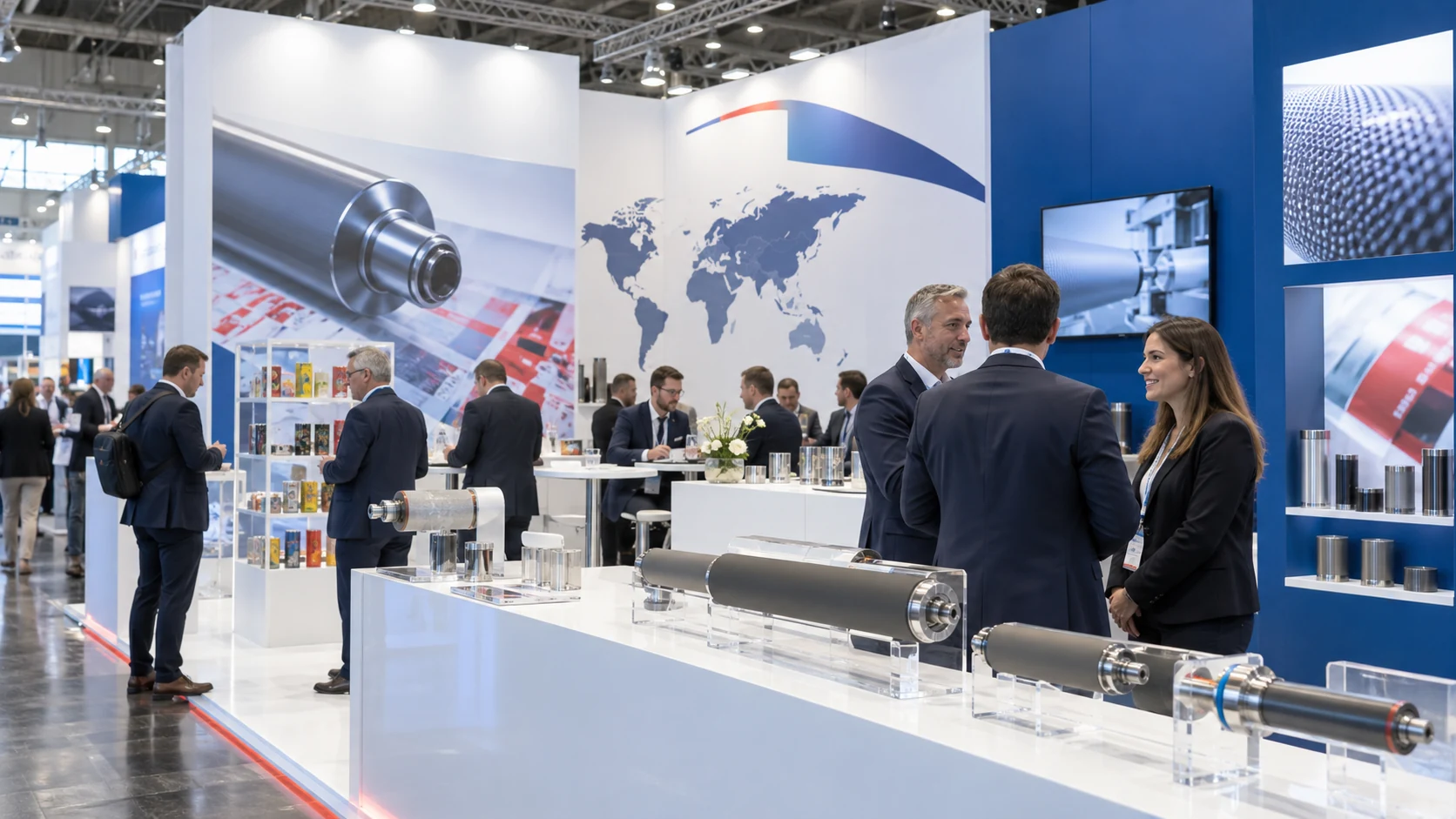 Trade-fair stand with anilox rollers and sleeves